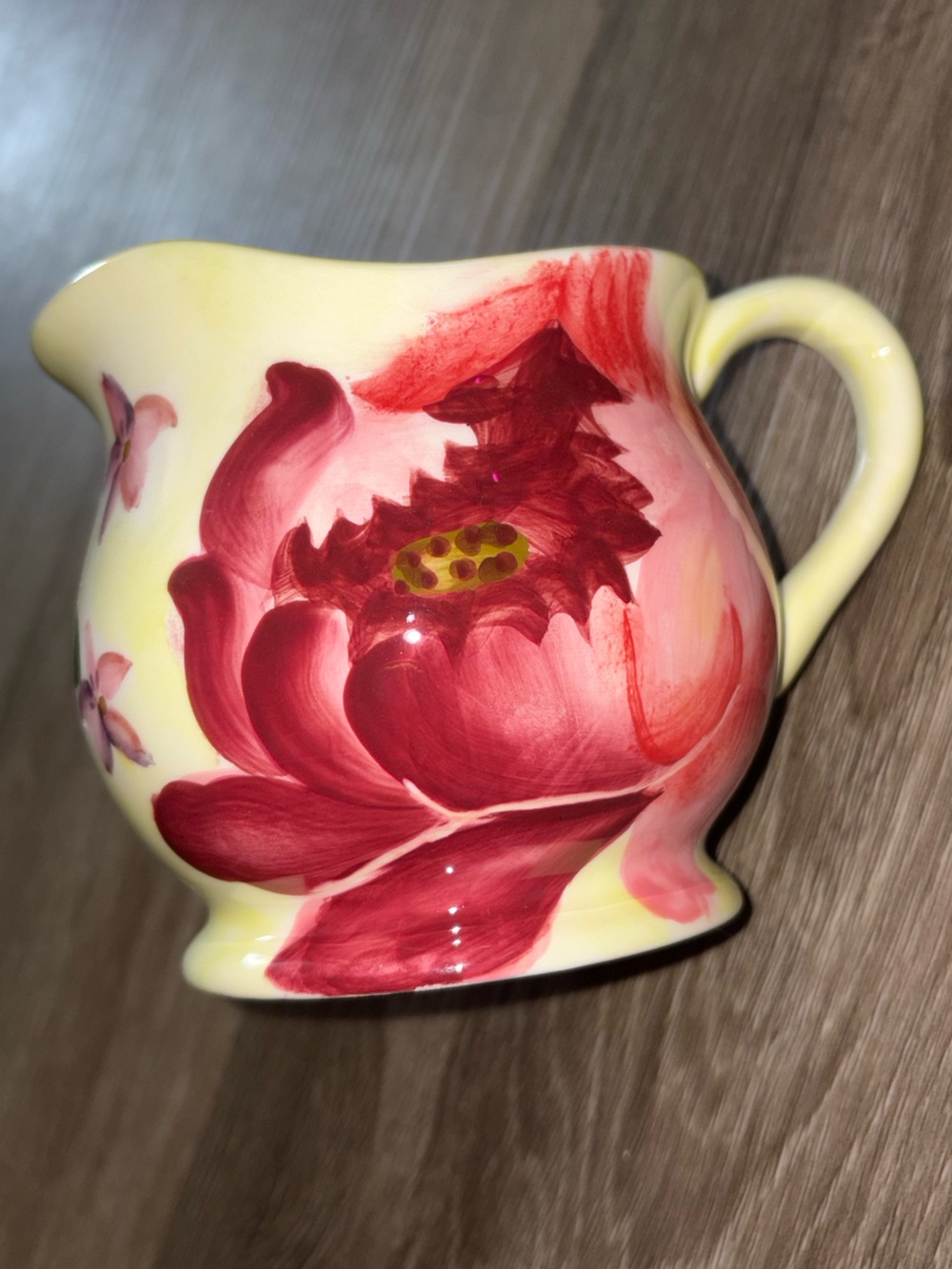 Pfaltzgraff Yellow Creamer/Pitcher with Red Hand-Painted Floral Motif